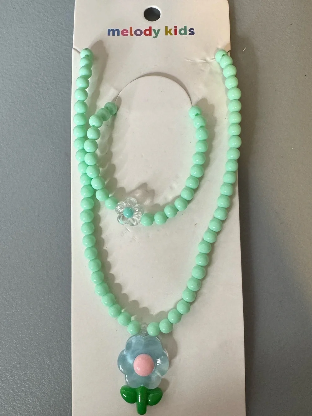 Mint Green Bead Necklace & Bracelet Set with Flower Charm stretch